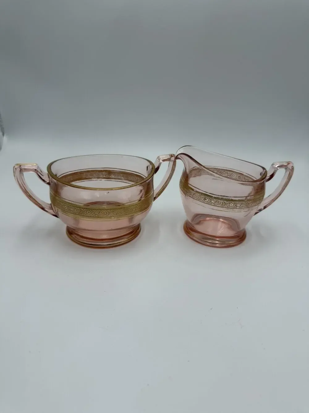 Vintage Pink Depression Glass Art Deco Sugar Bowl and Creamer